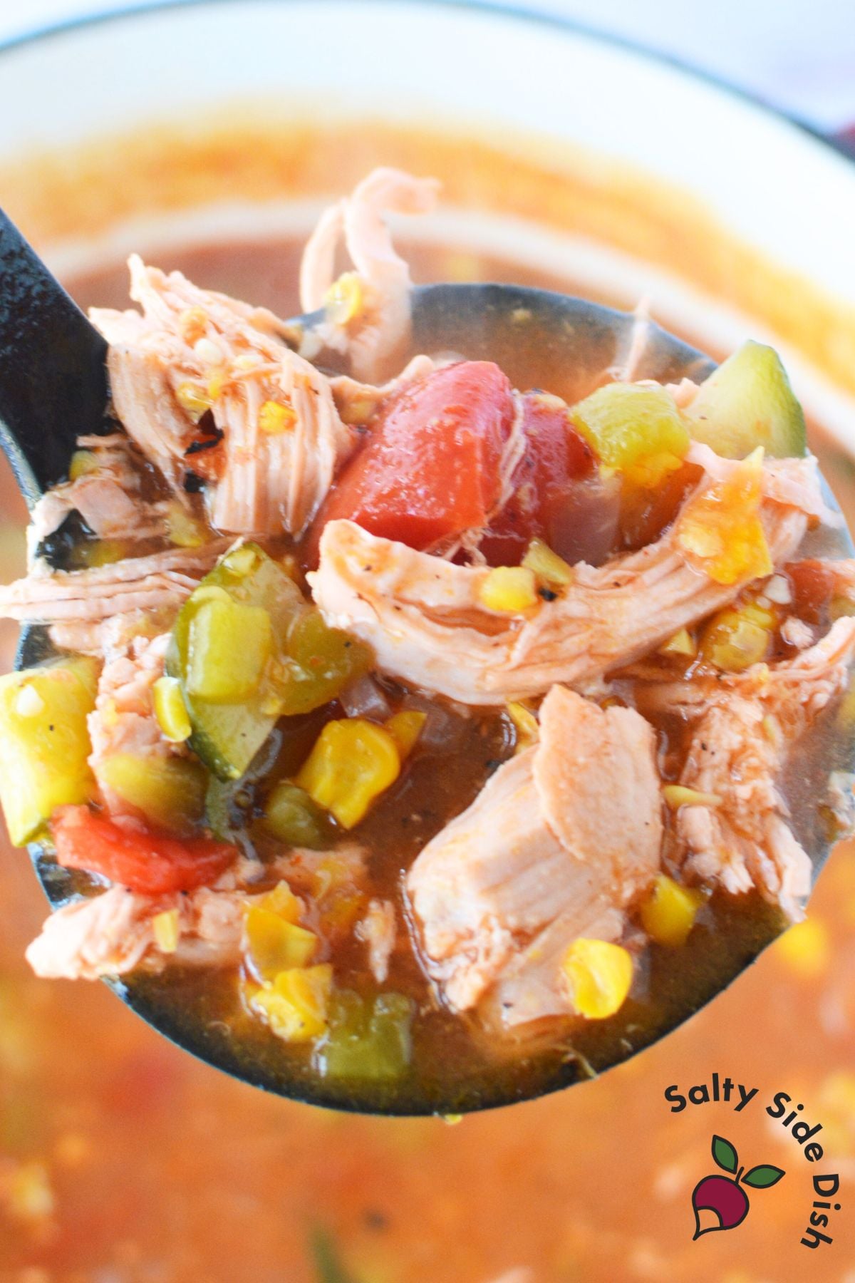 close up of chicken enchilada soup with zucchini and corn.