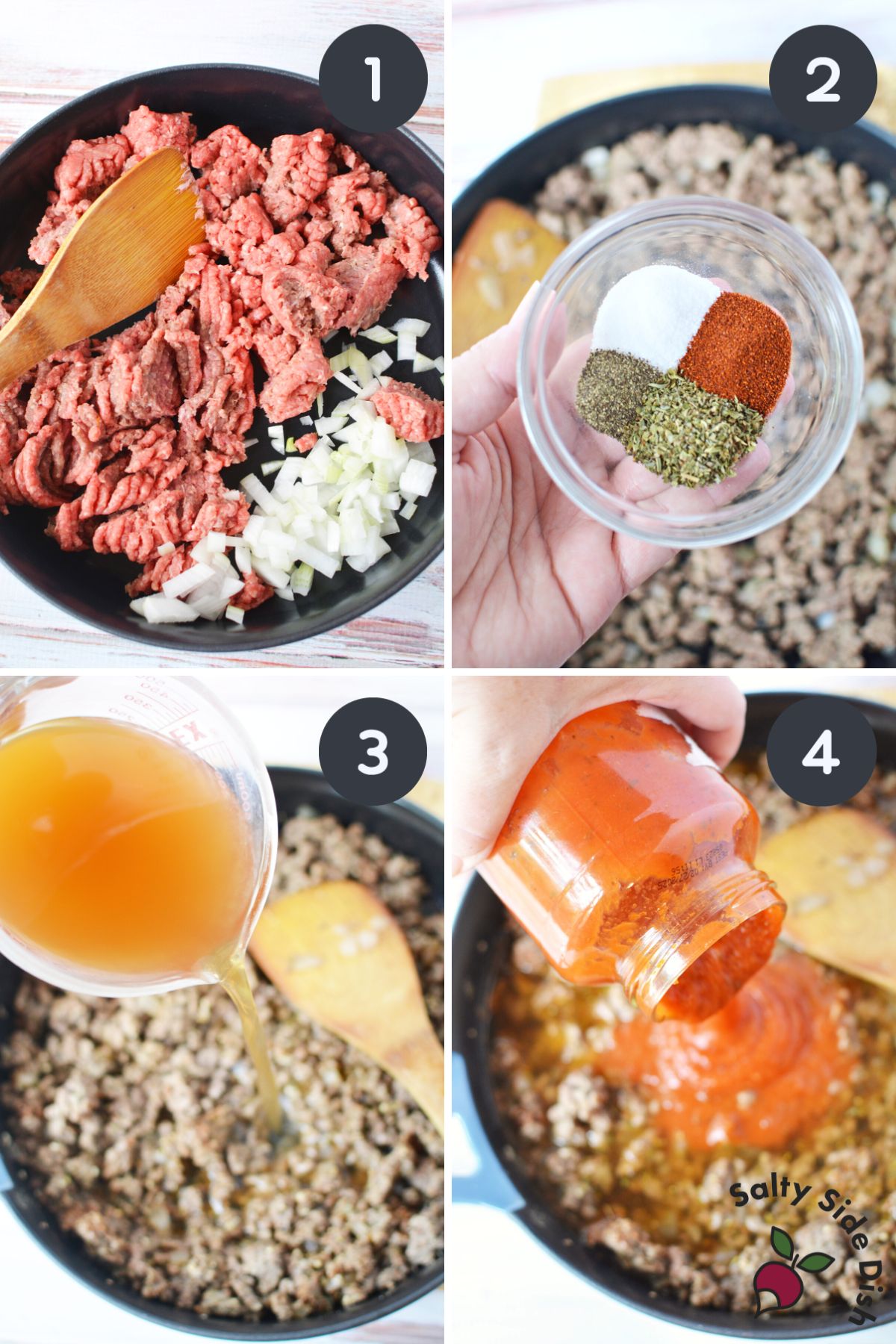 cooking beef in a skillet with broth and sauce for lasagna hamburger helper copycat recipe.