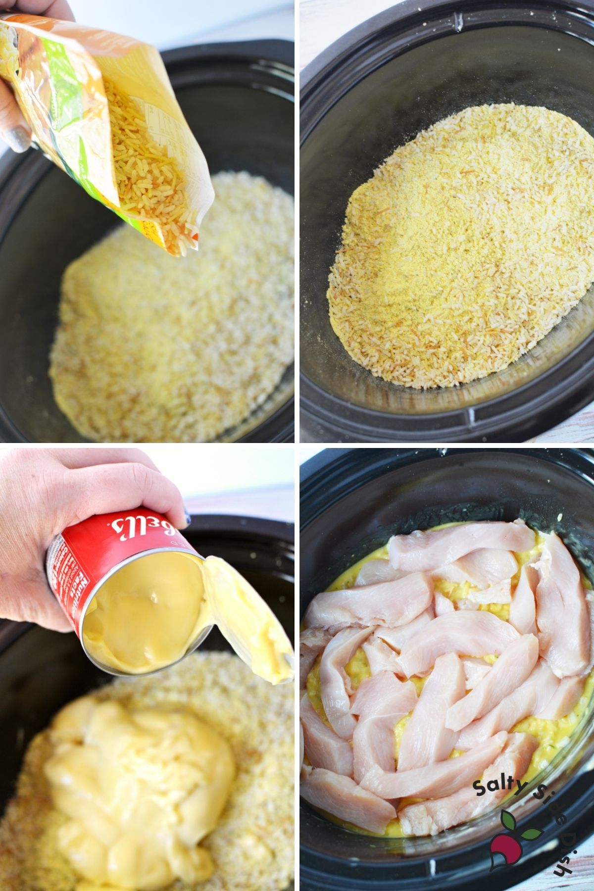 adding uncooked ingredients plus soup to a slow cooker.