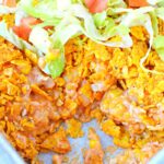 Dorito casserole in a baking pan.