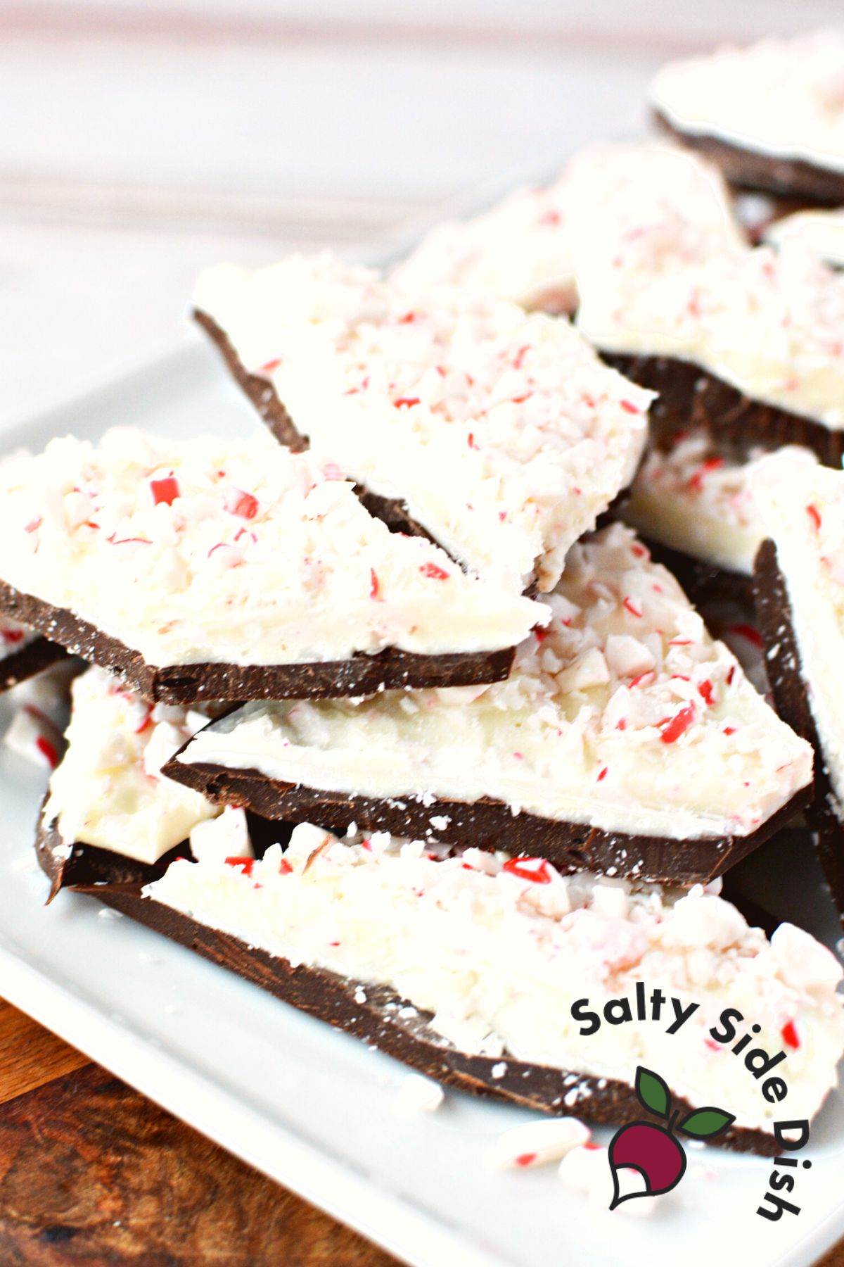 pile of peppermint bark made with milk chocolate and white chocolate.