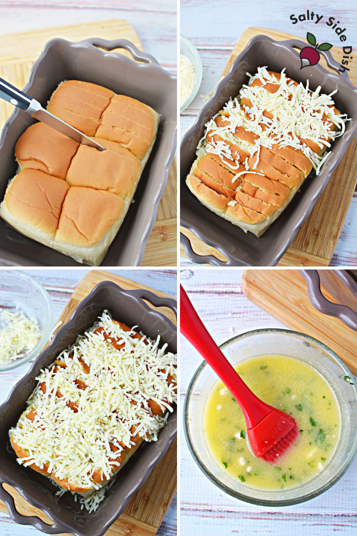 cutting hawaiian sliders and stuffing with mozzarella.
