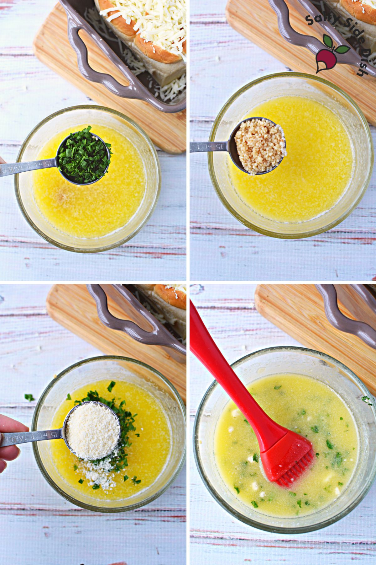 adding grated cheese, garlic, and herbs to melted butter.