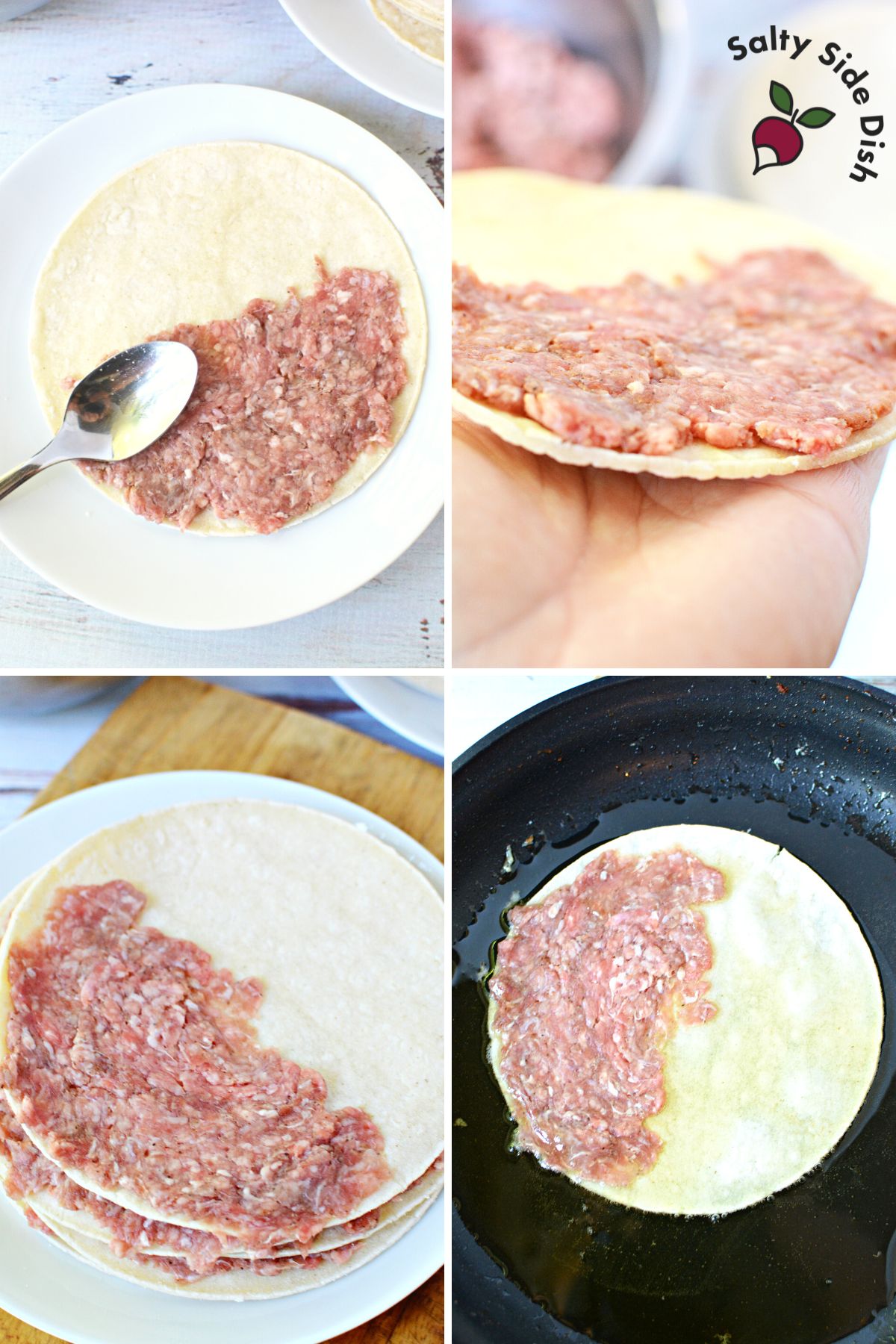 instruction images on how to add thin layers of beef into a white corn tortilla.