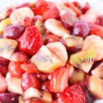 pie filling fruit salad in a white bowl.