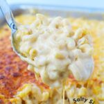 Close-up of creamy three-cheese mac and cheese