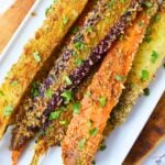 smothered rainbow carrots right out of the oven for a side dish.