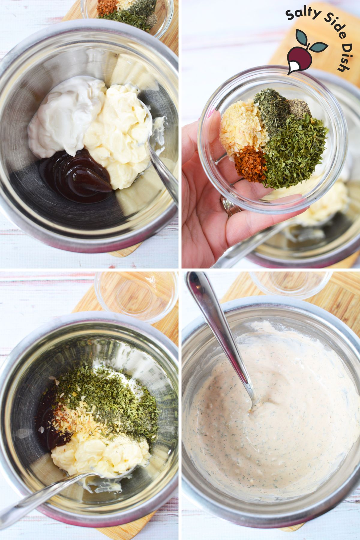 collage on how to add base and dressing to a bowl to create.