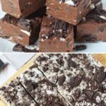 a picture of chocolate oreo fudge and white chocolate fudge.