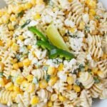 street corn pasta salad with feta cheese and lime.