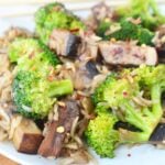 broccoli mushroom stir fry on a plate ready to serve.