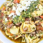 large bowl of chimichurri pasta dinner.