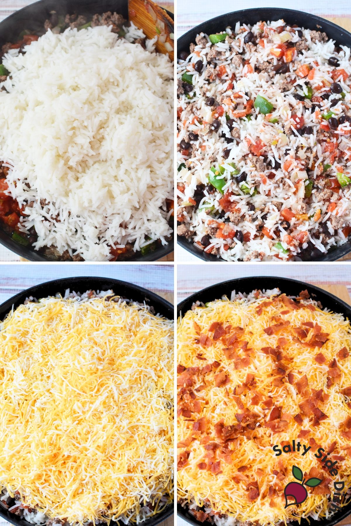 rice with meat, cheese, and bacon in a cast iron pan.