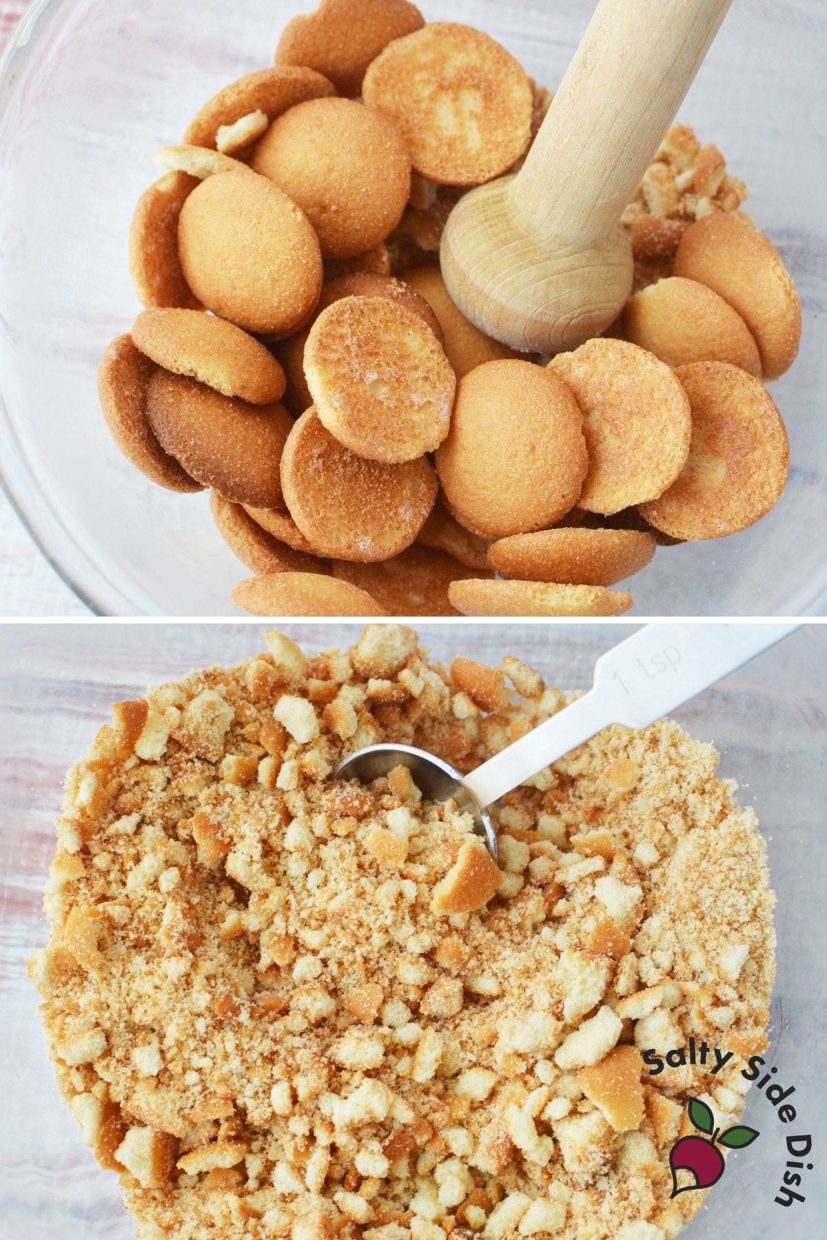 Whole and crushed Nilla Wafers for sand pudding topping