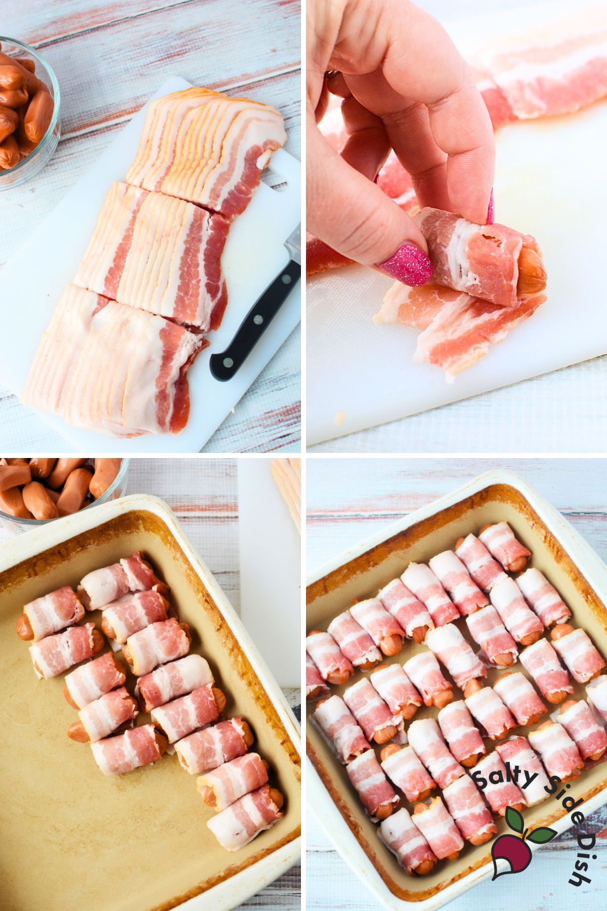 Sliced raw bacon on a cutting board, ready to wrap around cocktail sausages.