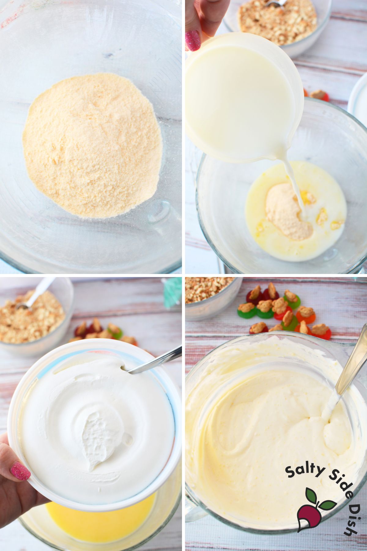 Mixing vanilla pudding, milk, and whipped topping for walking sand cups