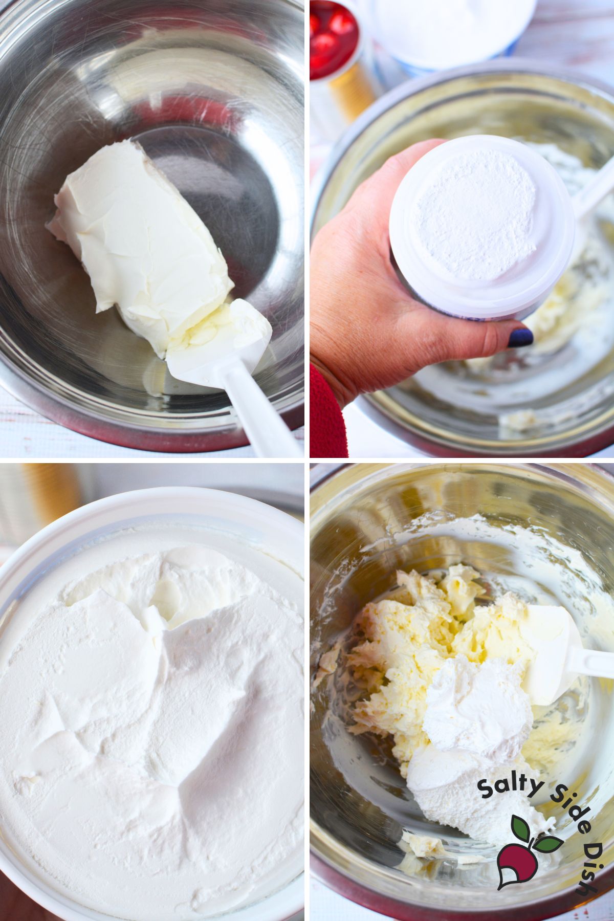 Ingredients for cherry cheesecake dip including cream cheese, whipped topping, and marshmallow fluff in a mixing bowl.