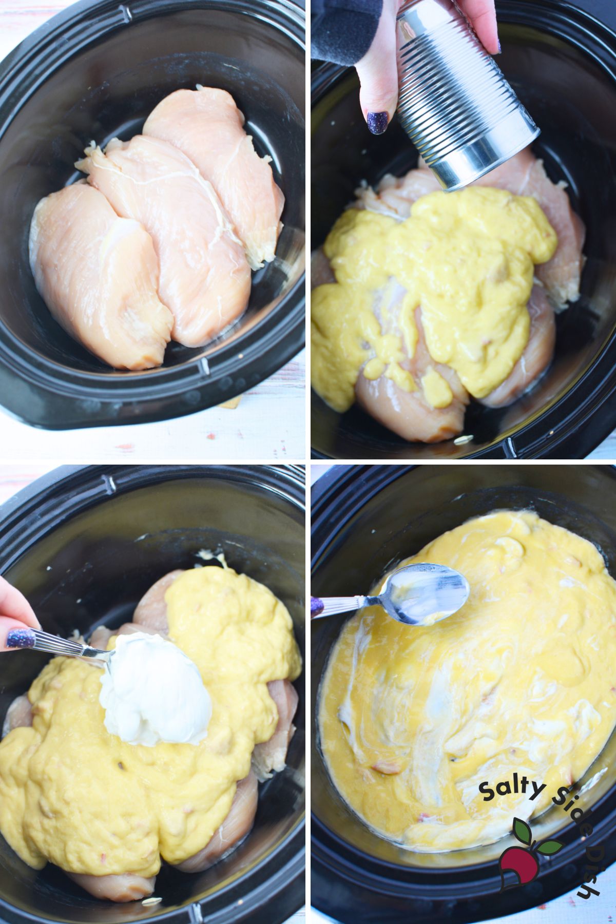 Seasoned boneless chicken breasts topped with cream of chicken soup and sour cream in slow cooker for chicken and stuffing recipe