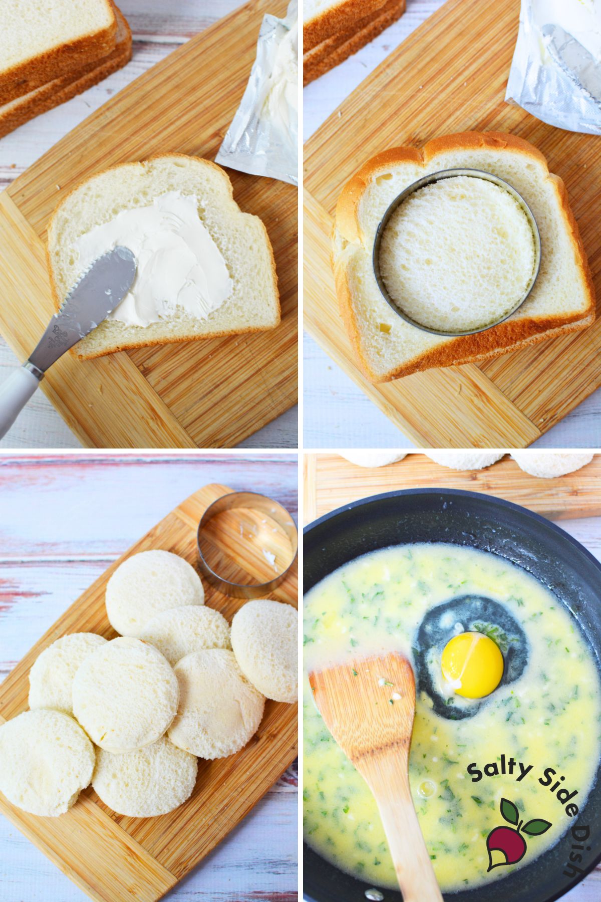 Step-by-step preparation of garlic cream cheese disks using sandwich bread and a round cutter.