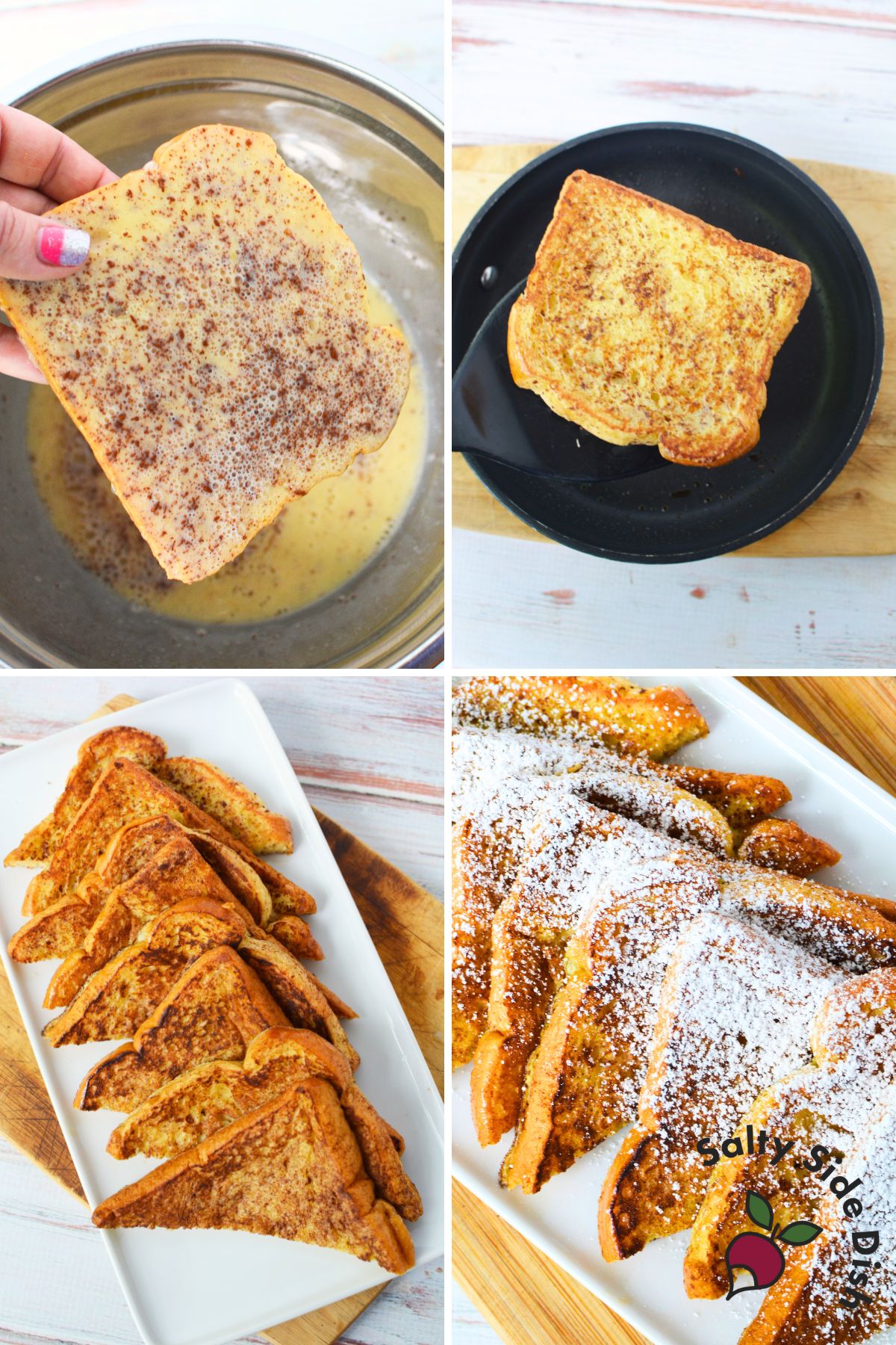 Step-by-step photos showing how to dip brioche bread in egg mixture and cook French toast to golden brown perfection.