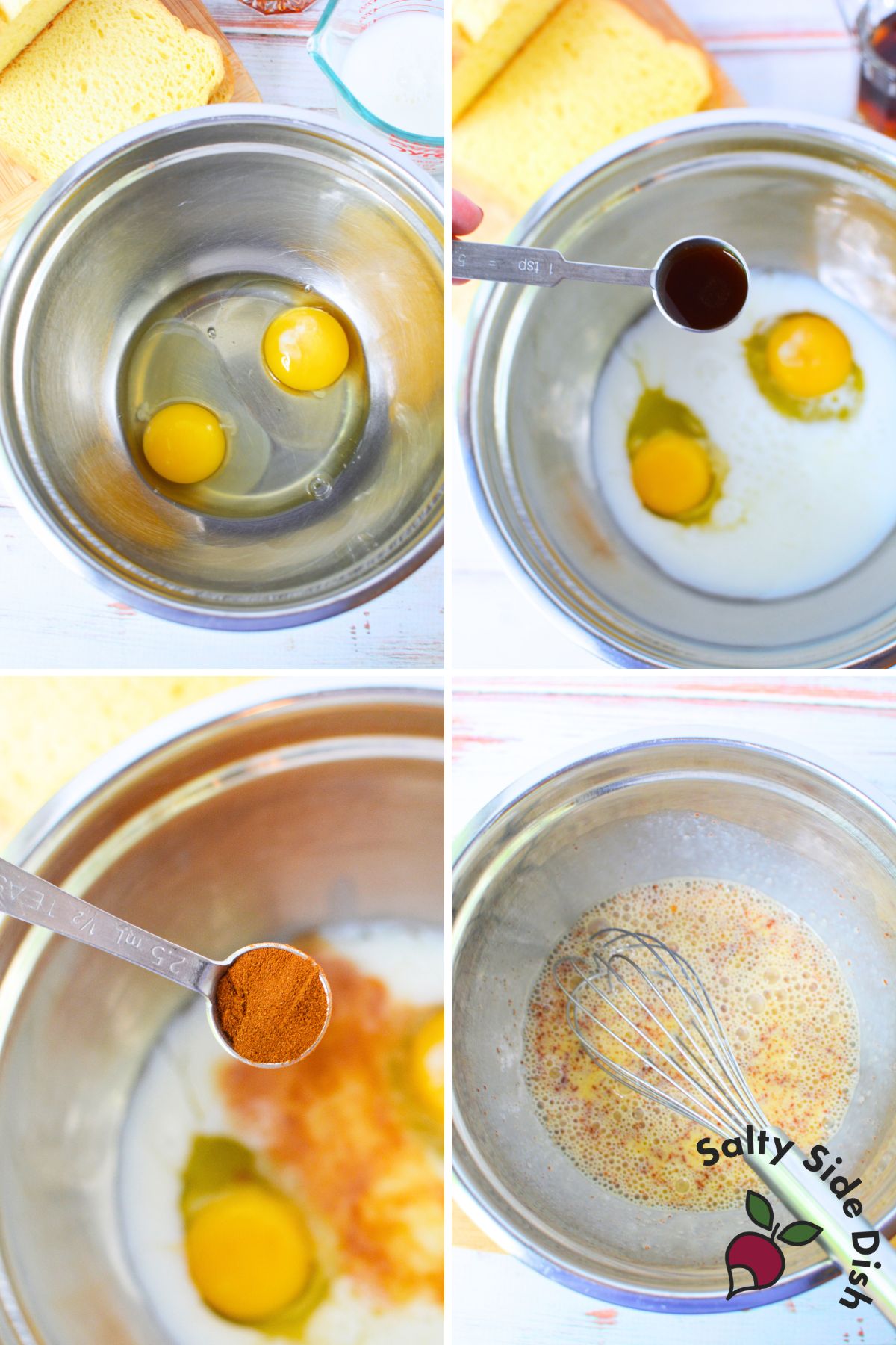 Mixing eggs, milk, vanilla, and cinnamon in a bowl to prepare custard mixture for brioche French toast recipe.