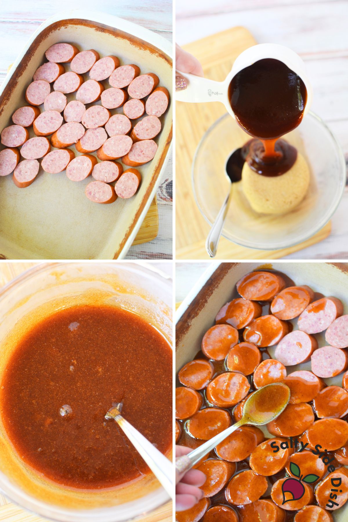 Closeup of oven-baked sausage rounds covered in sticky barbecue and brown sugar glaze