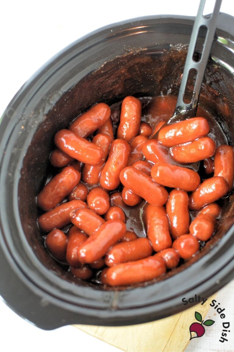 Crockpot filled with barbecue little smokies from top view