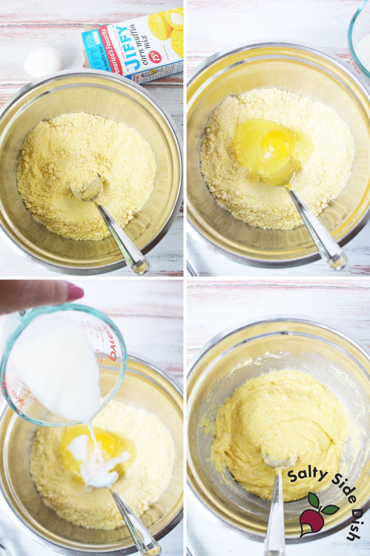 Step-by-step photos showing how to mix Jiffy corn muffin mix with egg and milk in a metal bowl for mini corn dog muffins