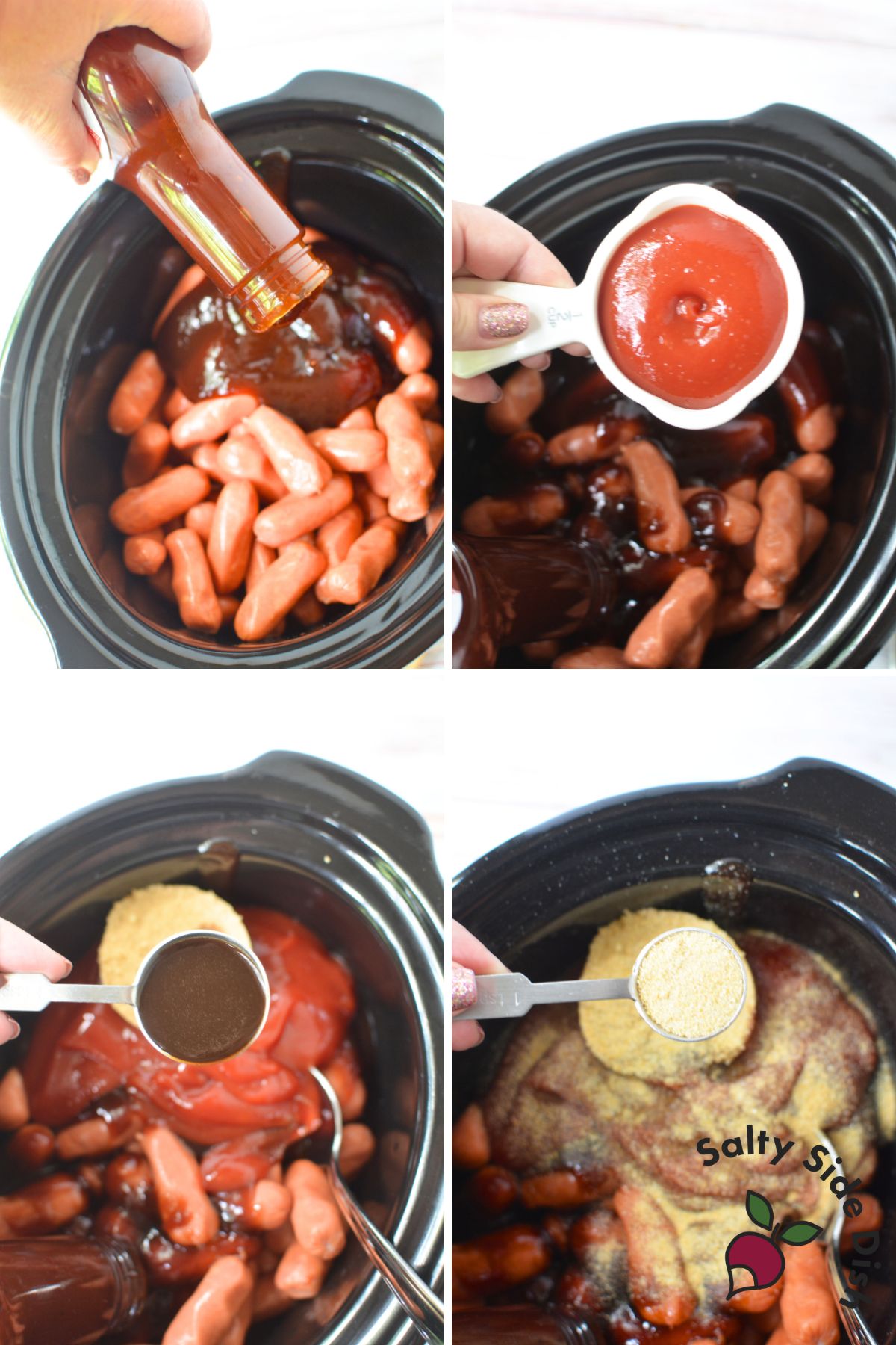 Pouring barbecue sauce and ketchup over little smokies in a crockpot