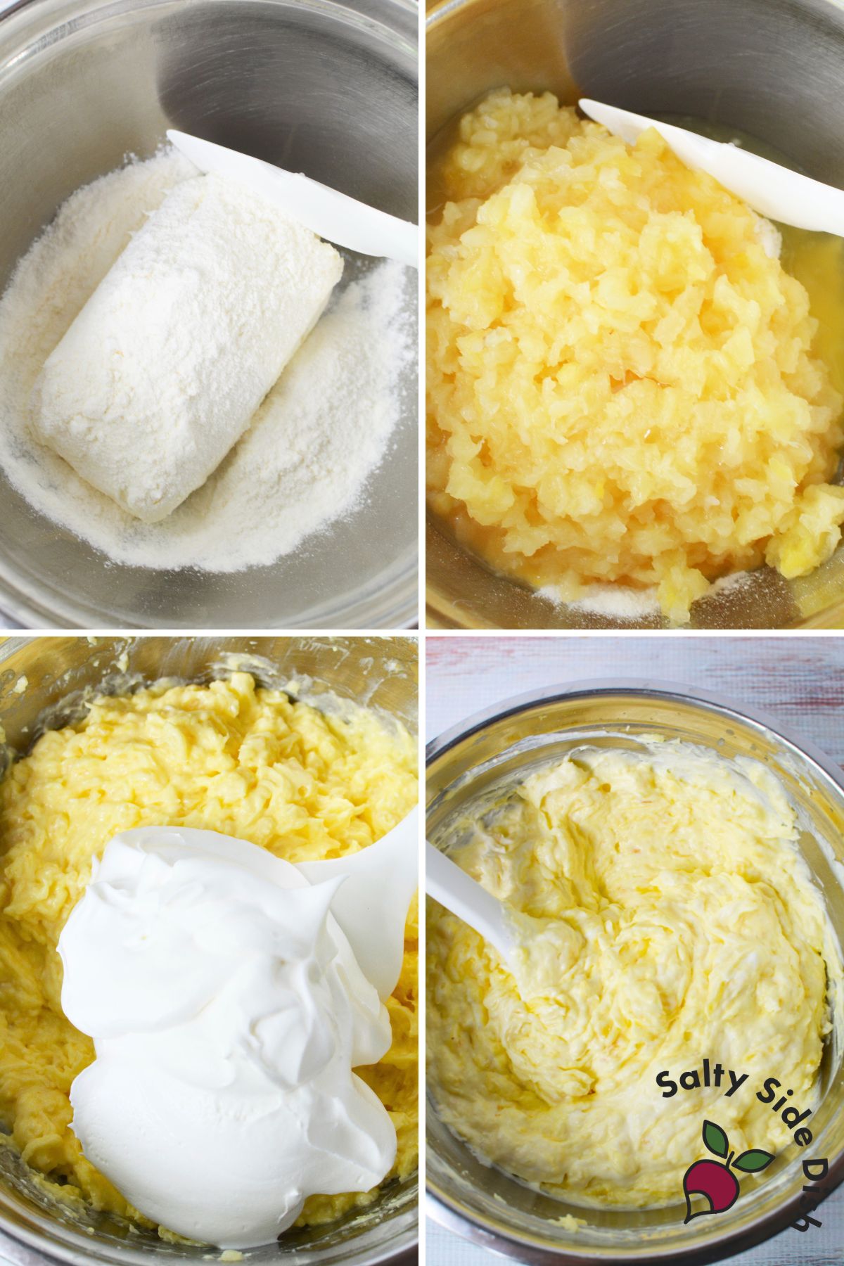 Step-by-step collage showing how to make pineapple cream cheese dip with pudding, crushed pineapple, and whipped topping