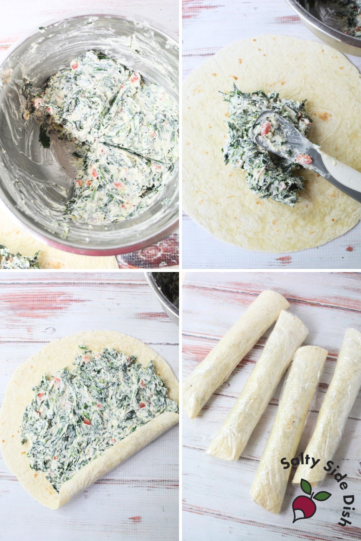  Process of spreading spinach filling on tortilla and rolling it into pinwheel logs