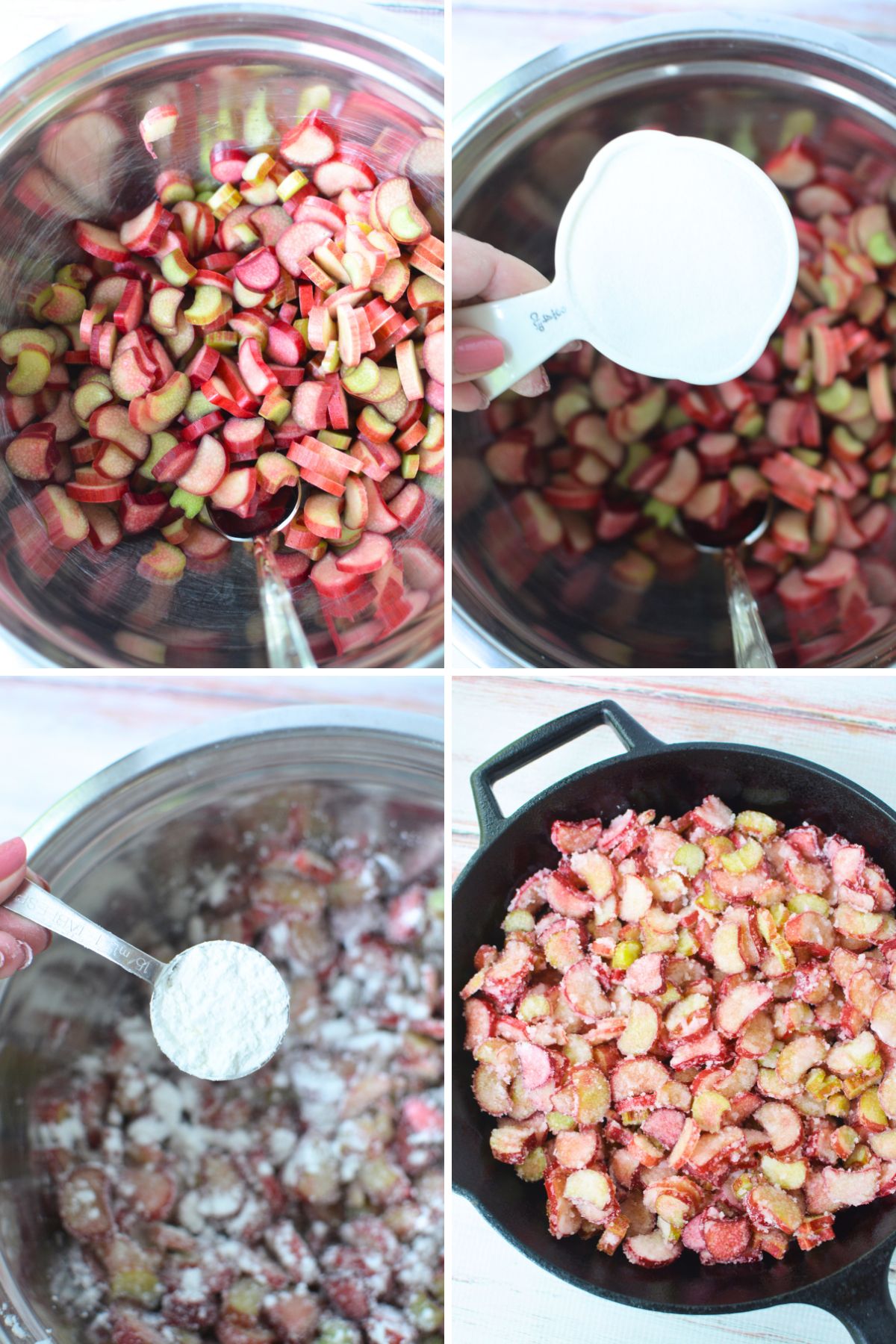 Step-by-step photos showing fresh rhubarb, sugar, and cornstarch being mixed for a rhubarb crisp filling in a cast iron skillet.