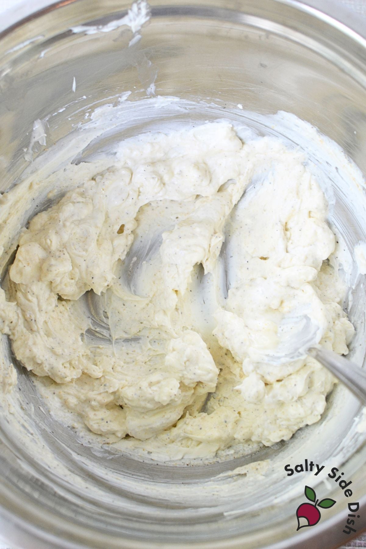 Cream cheese, mayo, sour cream, and seasoning mixture for jalapeno popper pasta salad dressing