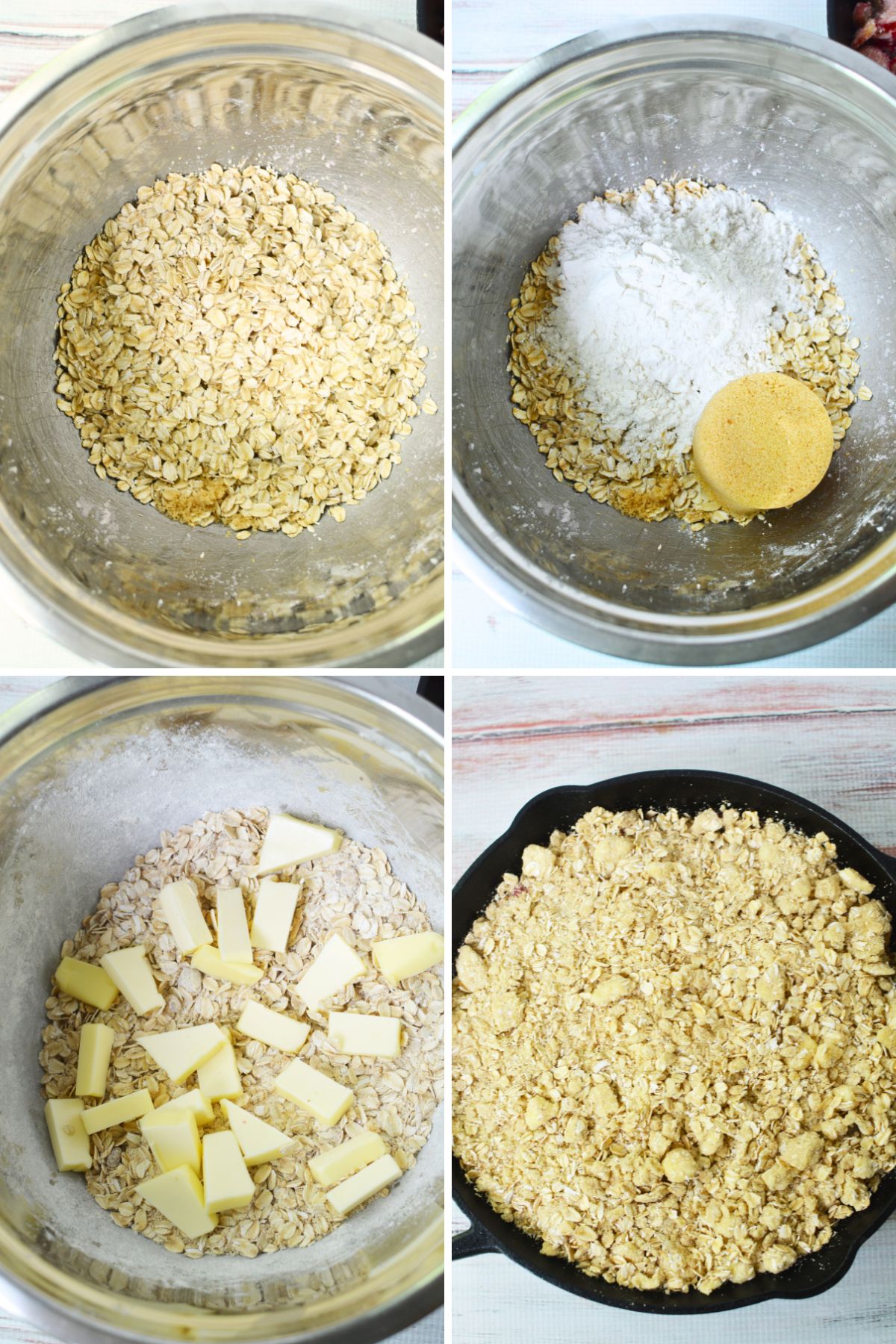 How to make an oat crumble topping for rhubarb crisp, with oats, brown sugar, flour, and butter ready for baking in a skillet.