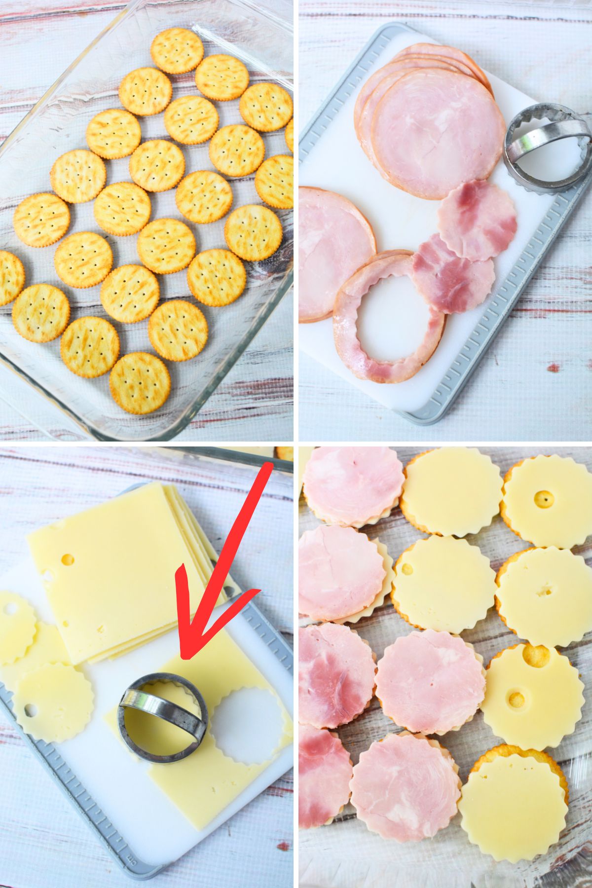 Step-by-step prep for Ritz cracker sandwiches with ham and Swiss cheese being cut into rounds.