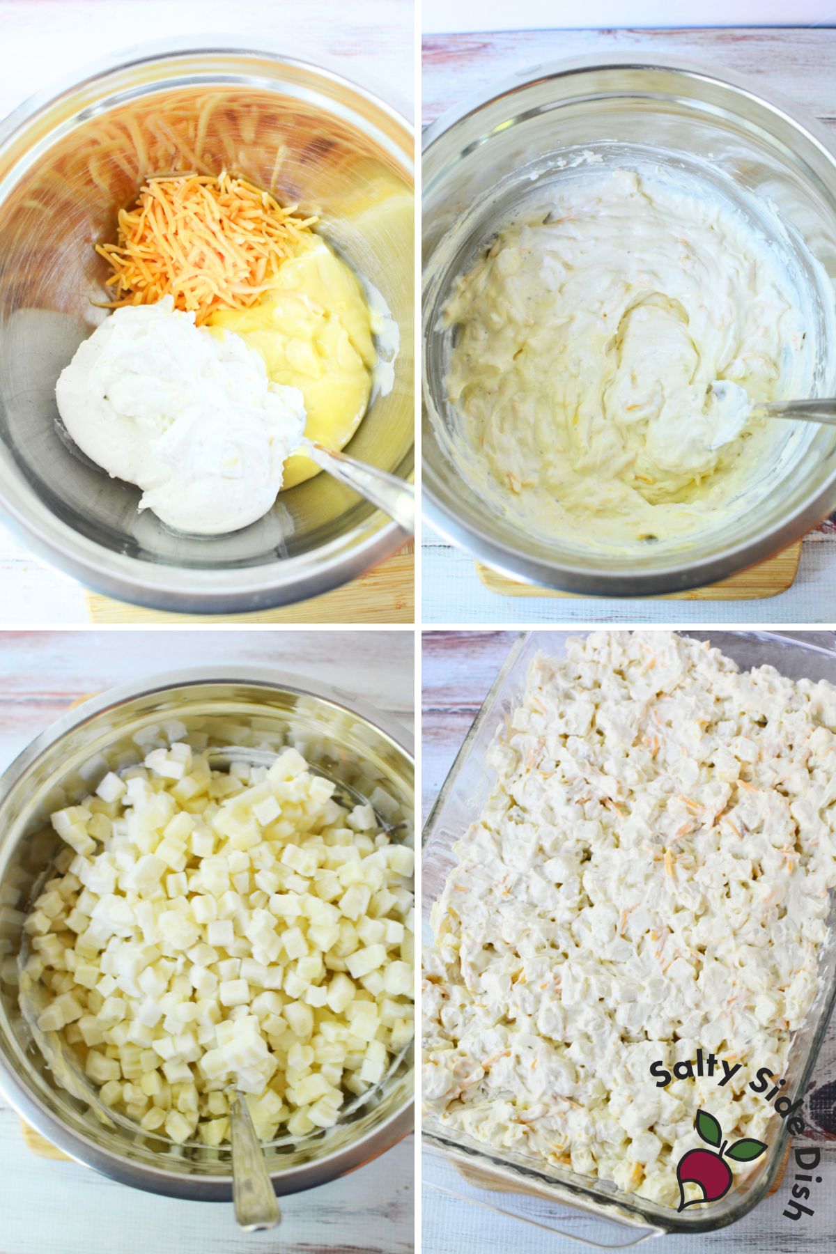 Mixing cream of chicken soup, French onion dip, and cheddar cheese for sour cream and onion mashed potato casserole.