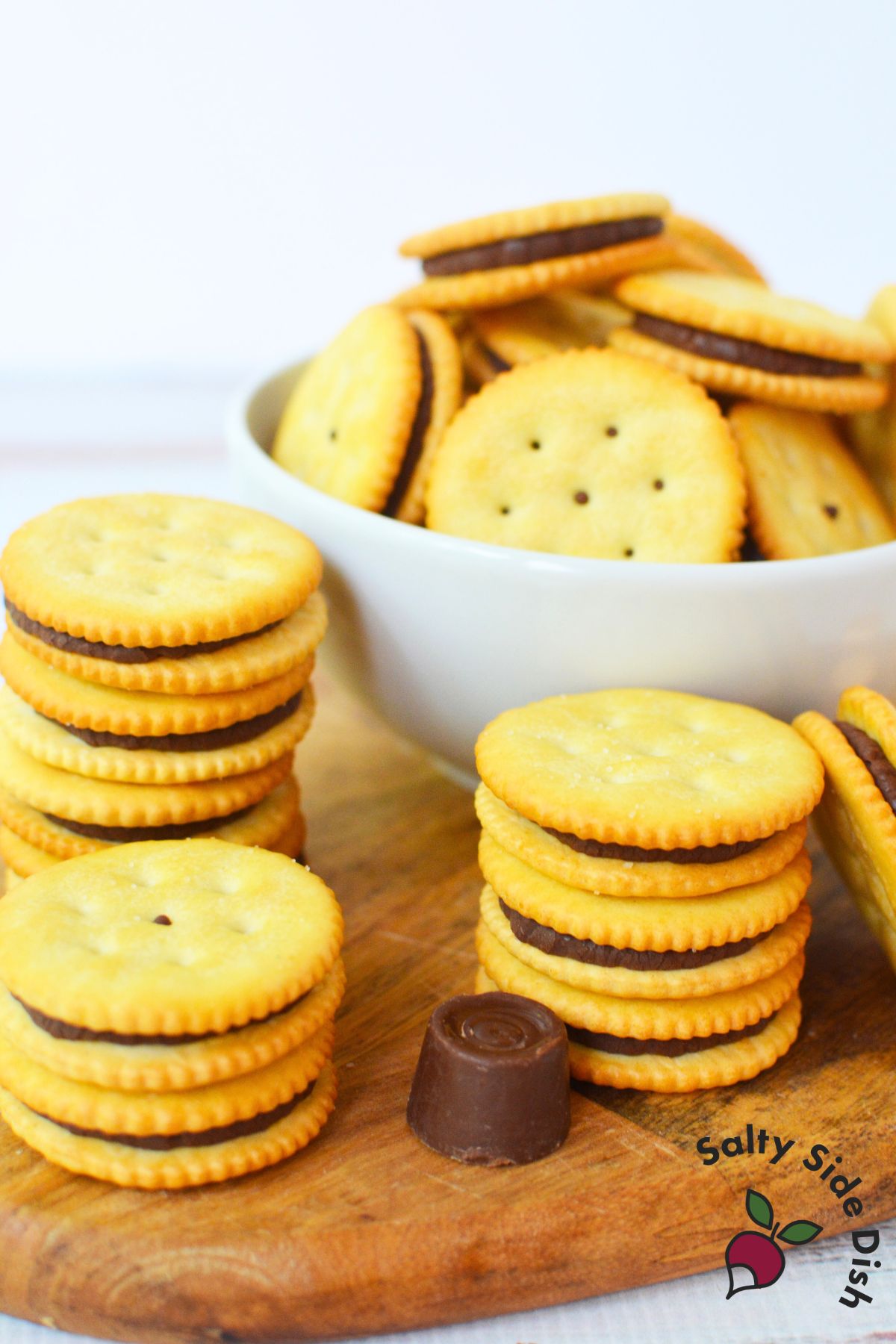 Stacks of Ritz Rolo cookies with chocolate caramel centers