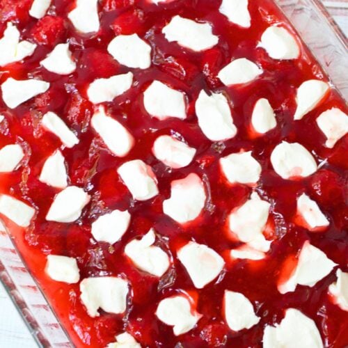 cream cheese pieces on cherry pie.