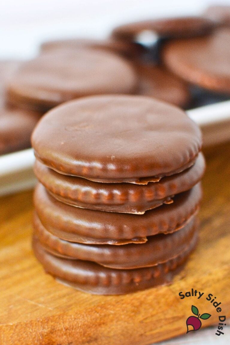 Stack of homemade Thin Mints with chocolate coating
