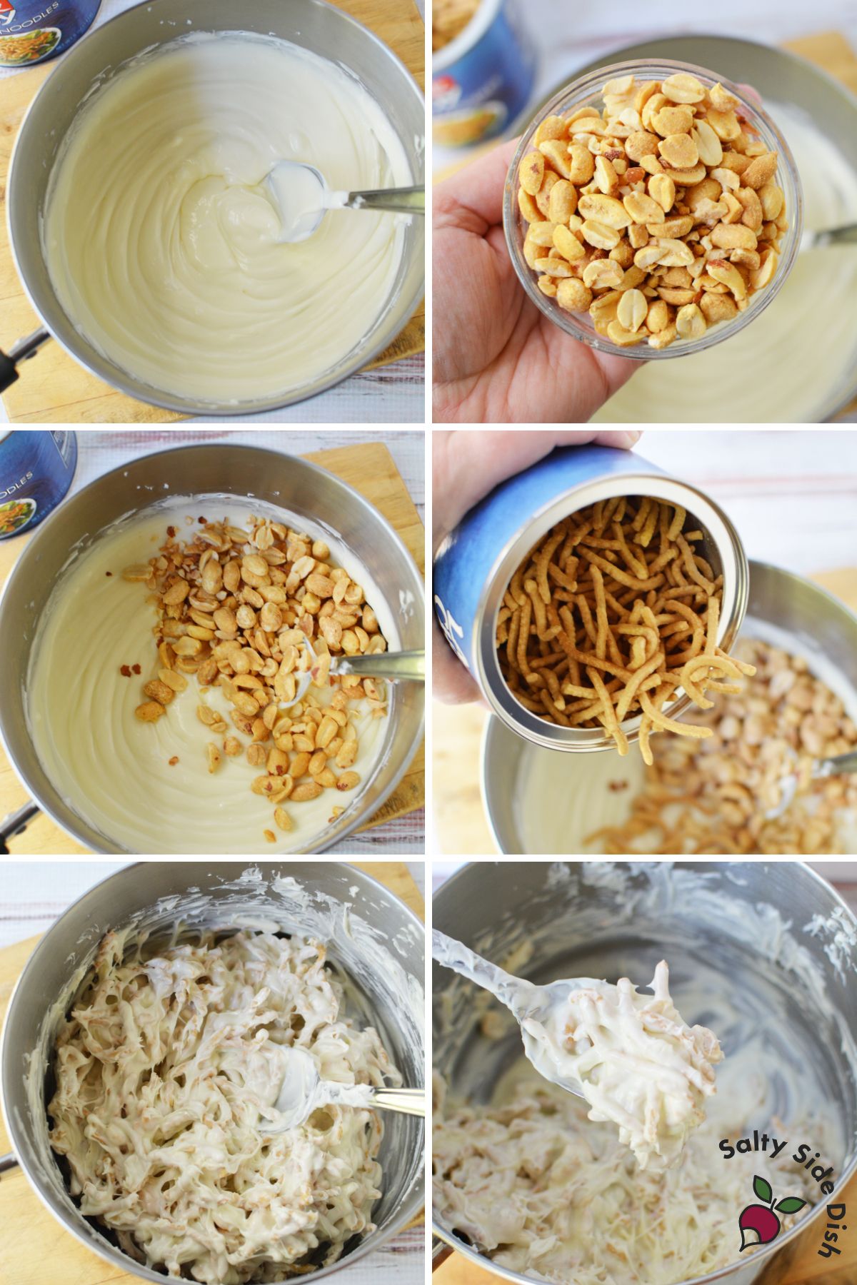 Step by step process of melting white chocolate, adding peanuts and chow mein noodles, and mixing for haystack cookies