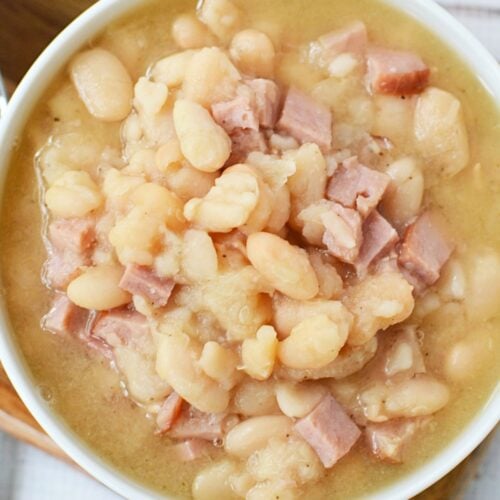 Close up of easy ham and beans recipe made in the slow cooker