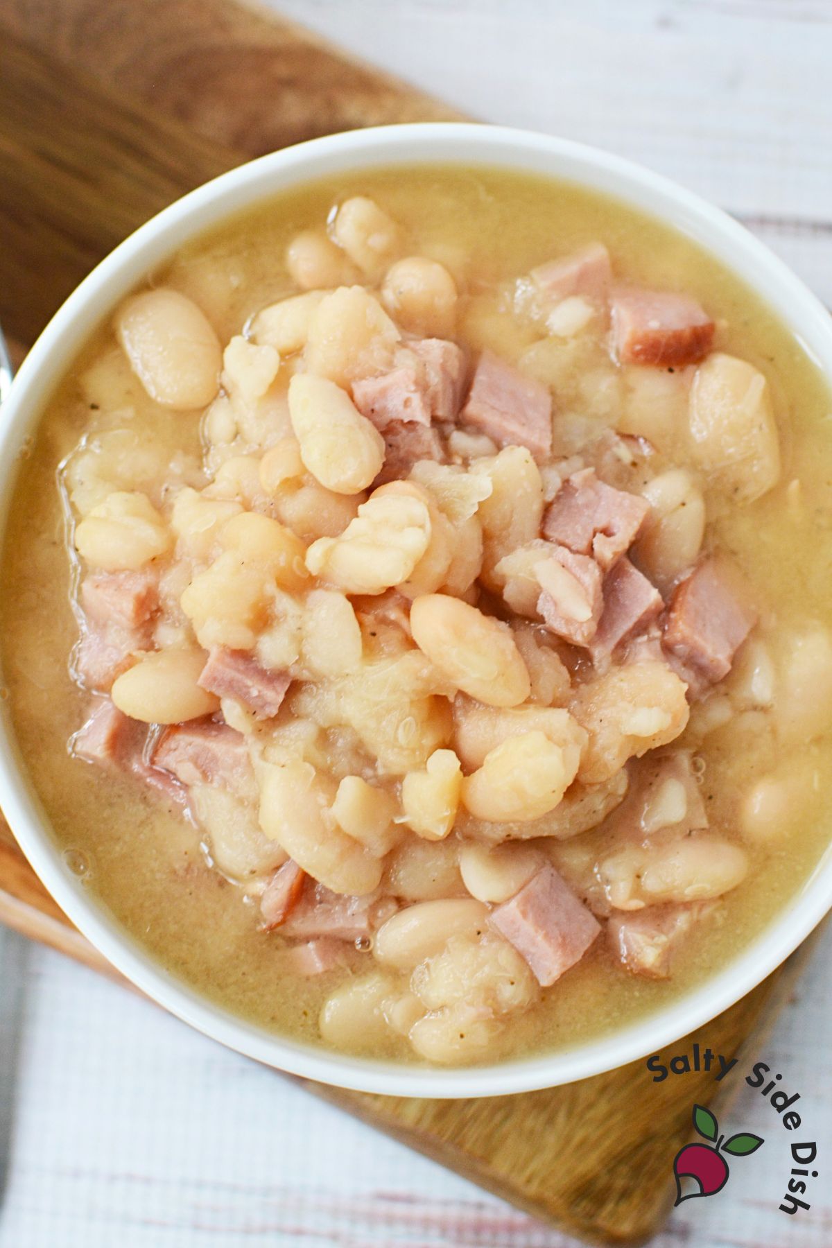 Close up of easy ham and beans recipe made in the slow cooker