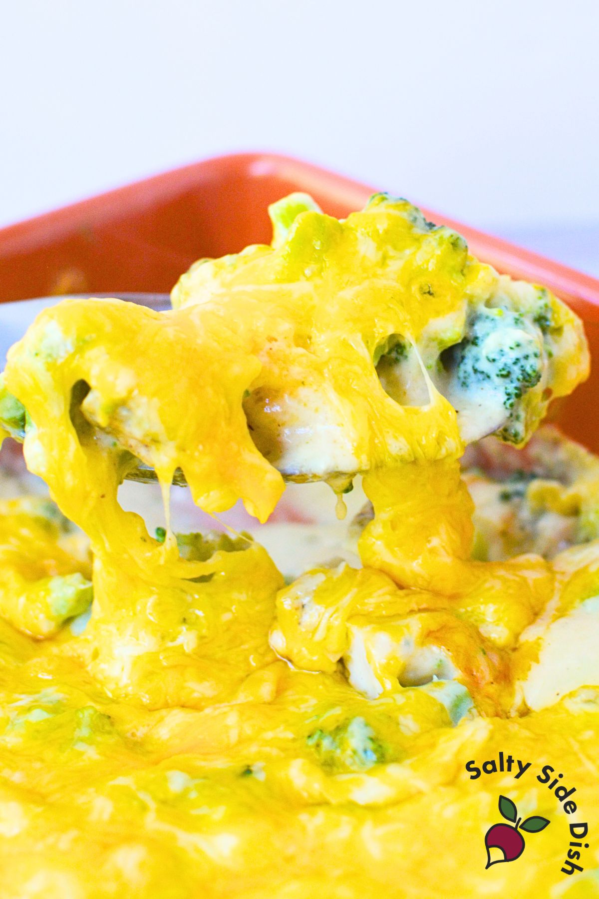 Cheesy chicken broccoli casserole with melted Colby Jack cheese and broccoli pieces being lifted from baking dish.