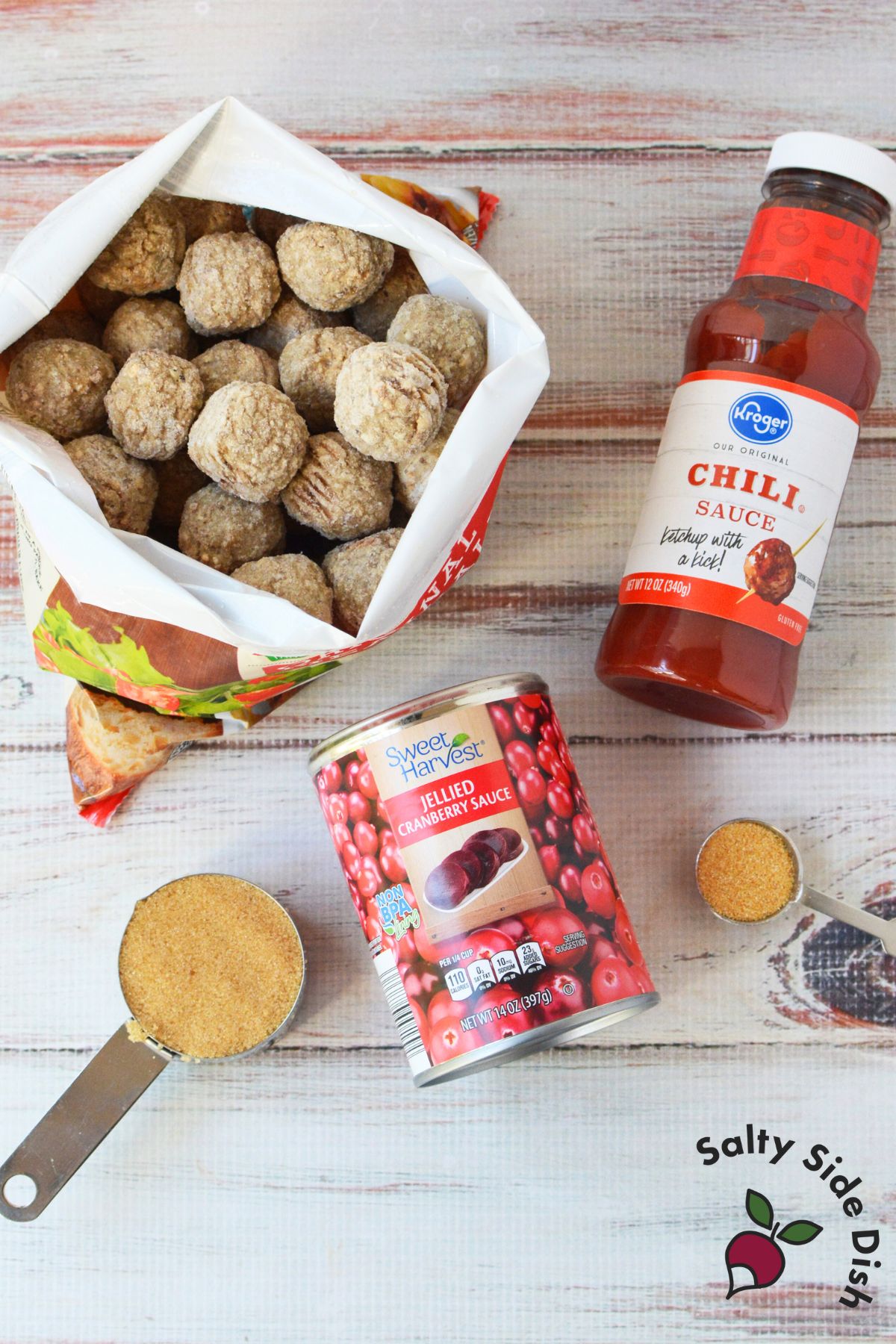 recipe ingredients for meatballs with cranberry sauce and chili including frozen meatballs, chili sauce, and jellied cranberries