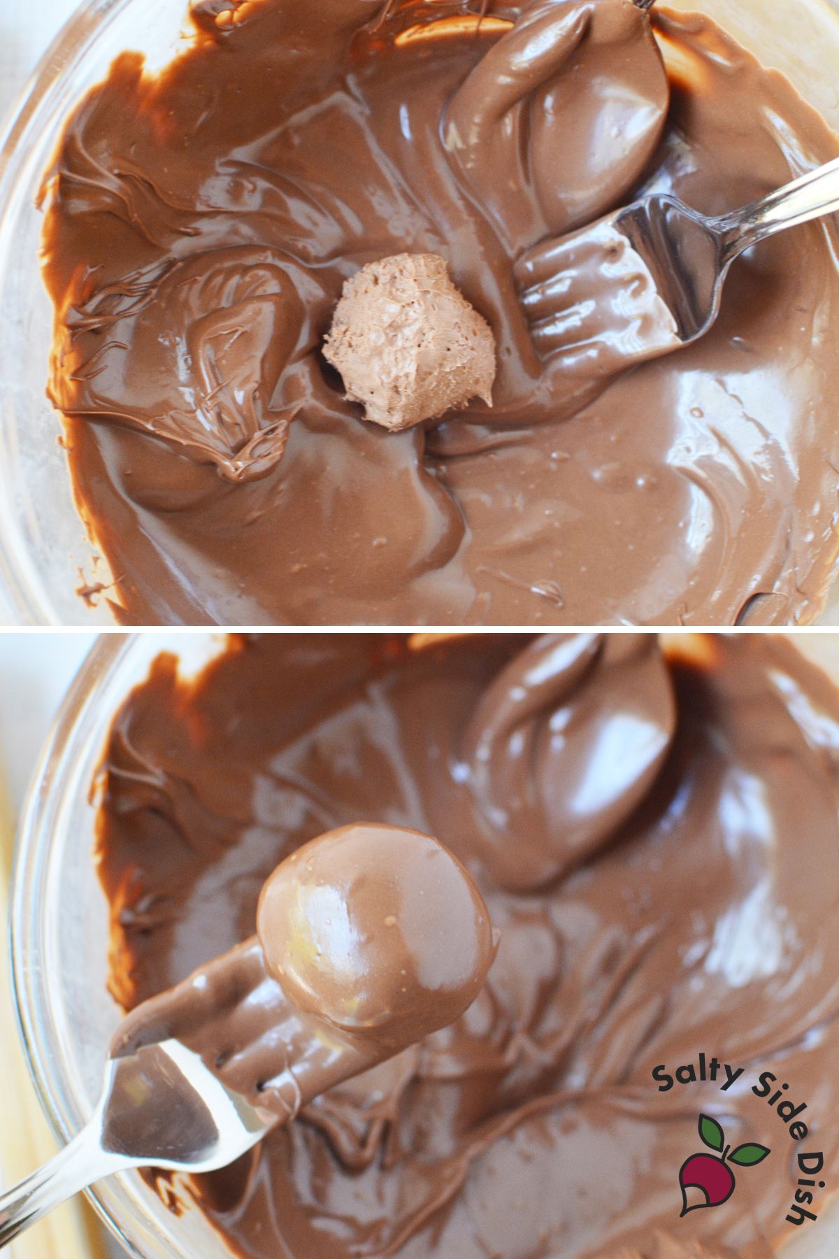 homemade candy dipped into melted chocolate shell for easy 3 ingredient Christmas candy recipe