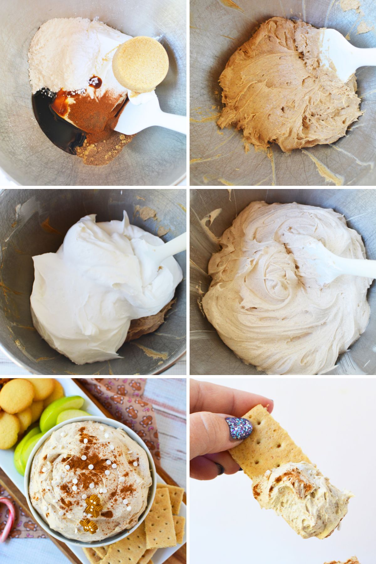 Step-by-step process of making gingerbread dip, mixing cream cheese, sugars, spices, and whipped topping in a bowl.