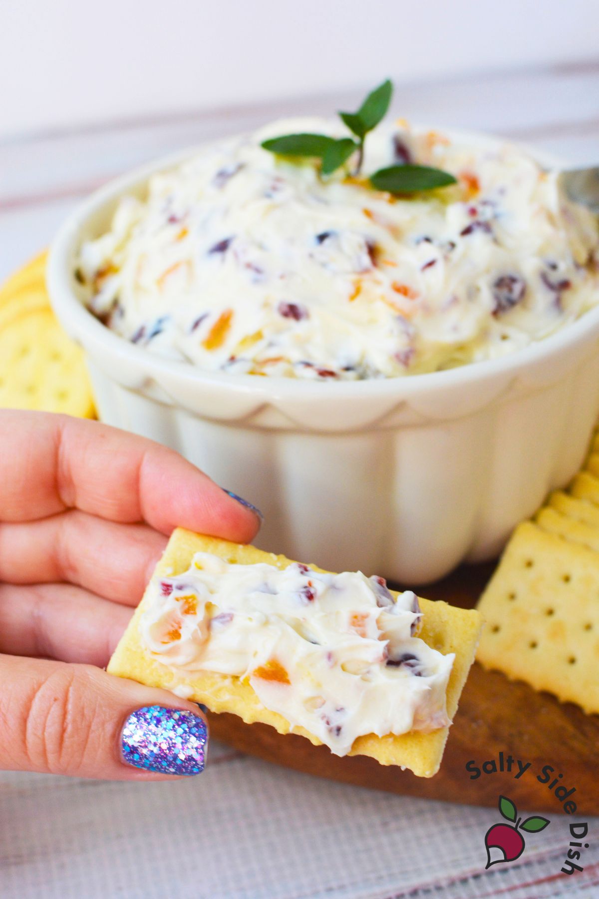 Holiday appetizer cracker spread with cranberry orange cream cheese dip and dried fruit pieces