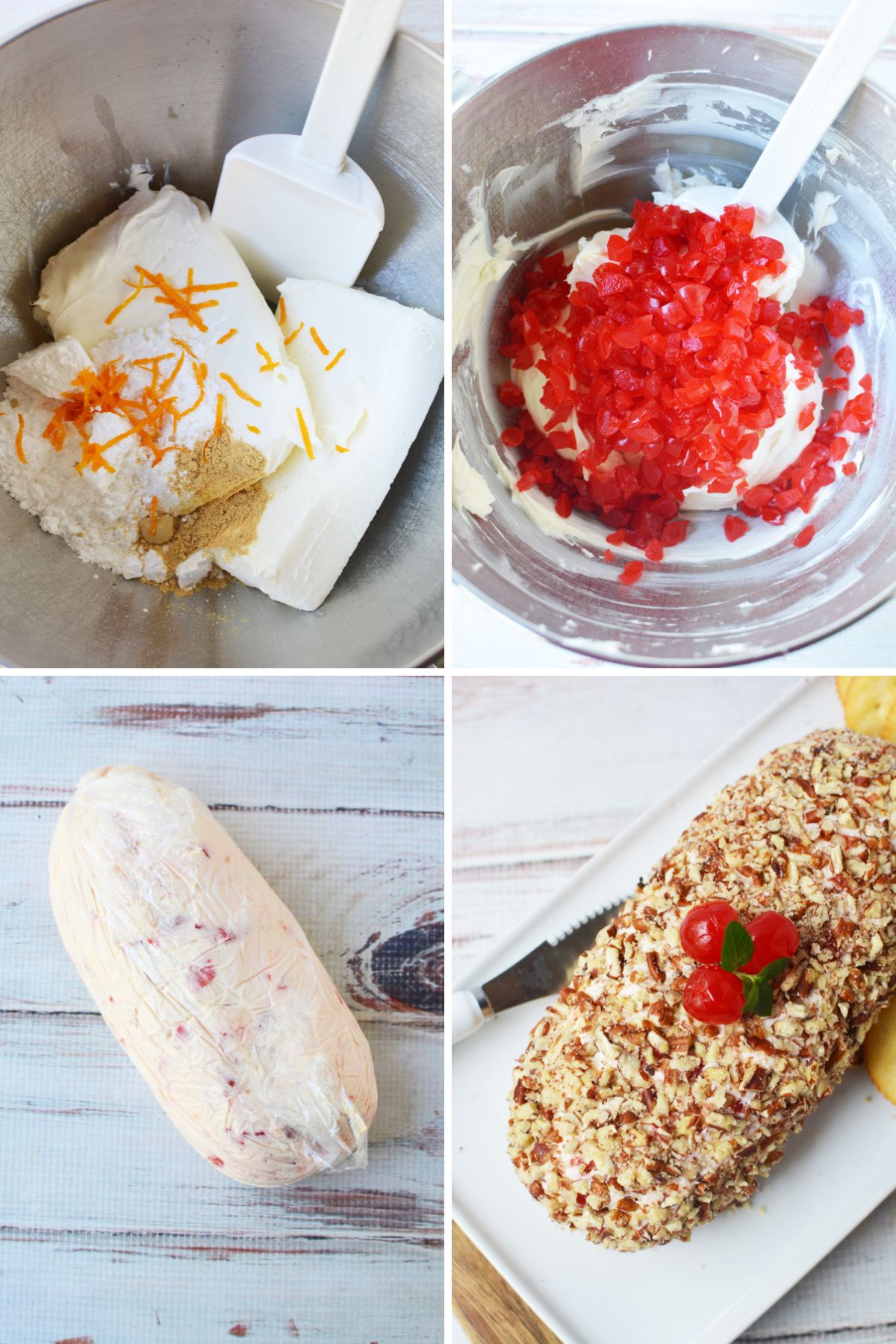 Step-by-step process for making cherry cream cheese log including mixing cream cheese, cherries, and wrapping into a log