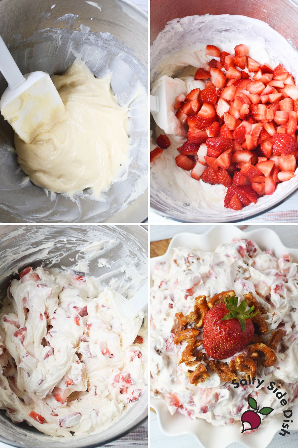 Step-by-step mixing cream cheese and strawberries to make a strawberry pretzel salad dessert