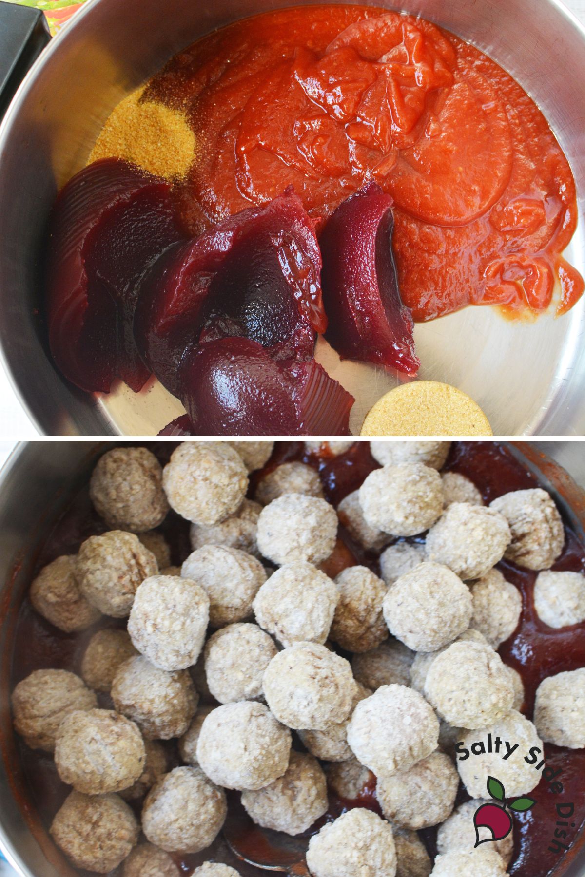 saucepan with cranberry sauce, chili sauce, and brown sugar for meatballs recipe